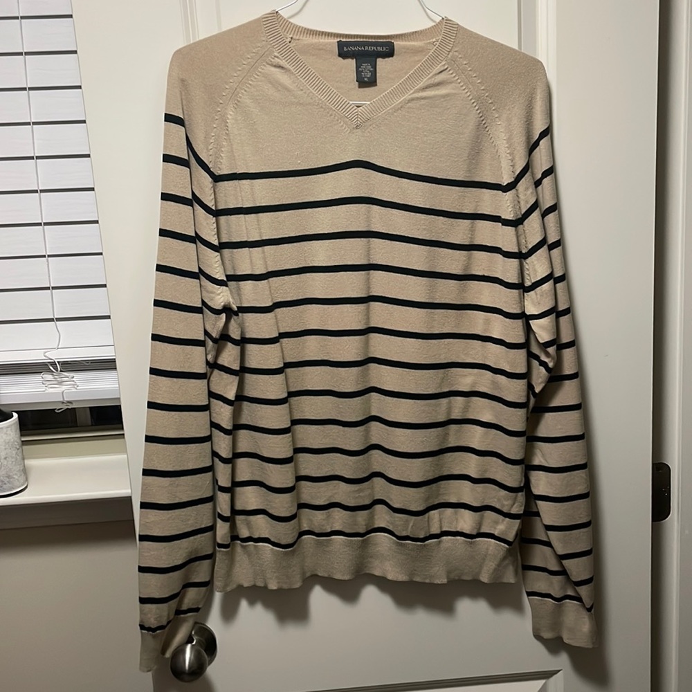Tan Black Stripe XL Banana Republic V neck lightweight sweater. 100% cotton